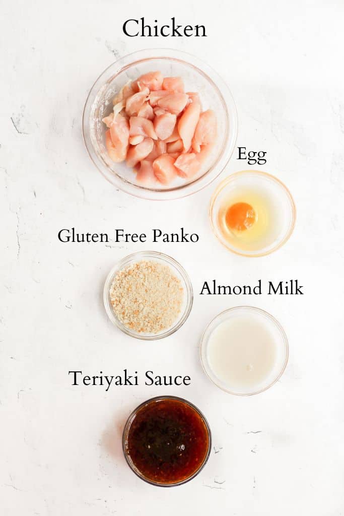 ingredients for air fryer teriyaki chicken labeled with black text.