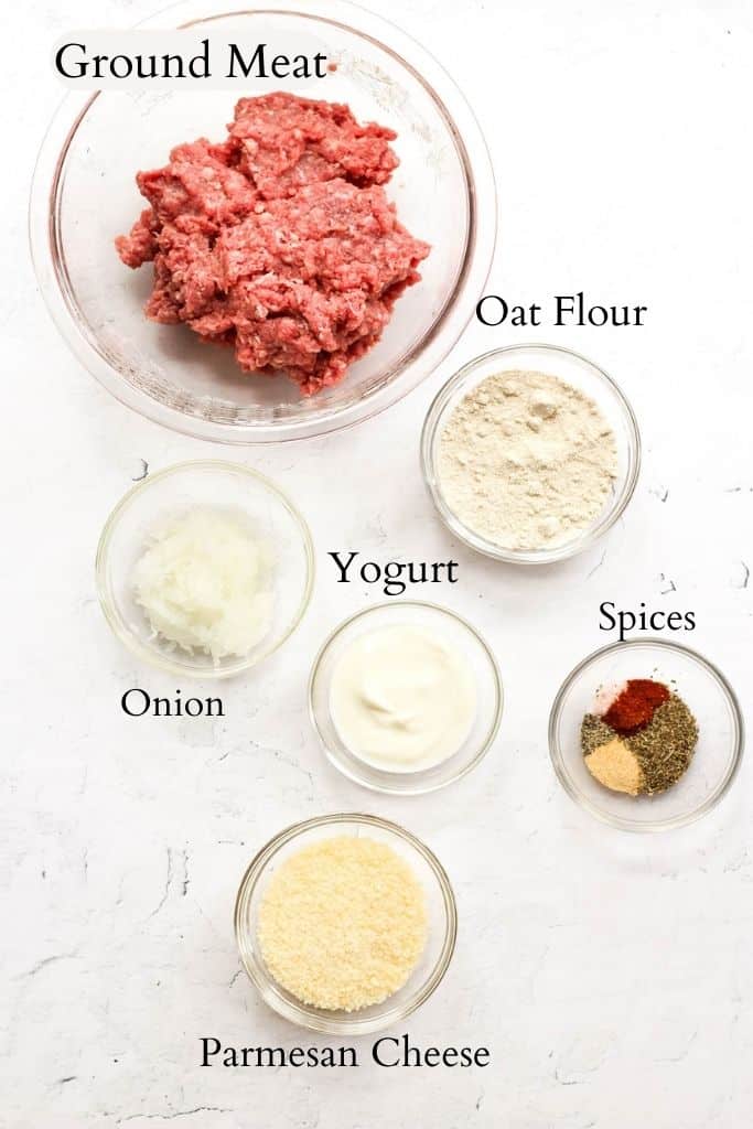 ingredients for egg free meatballs labeled with black text.