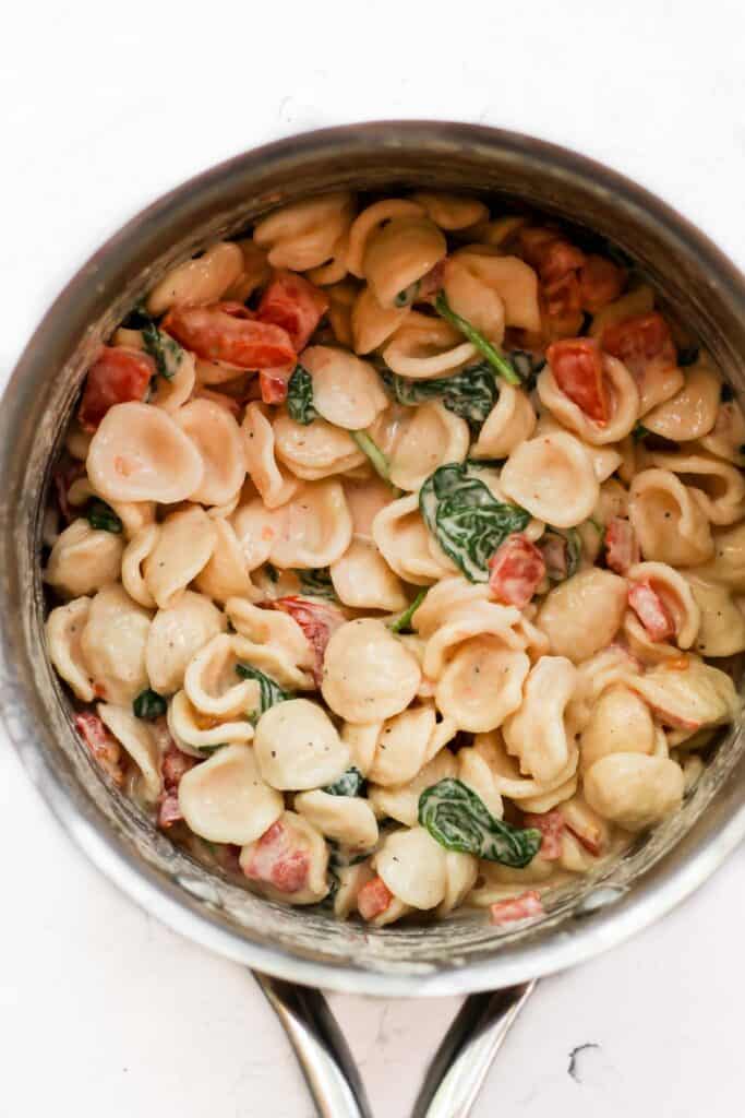 vegan pasta with tahini in silver pot.