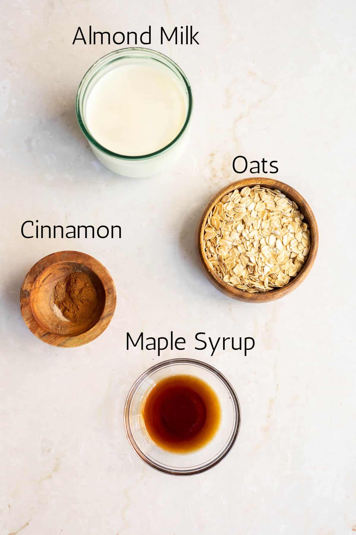 ingredients for cinnamon oatmeal labeled with black text.