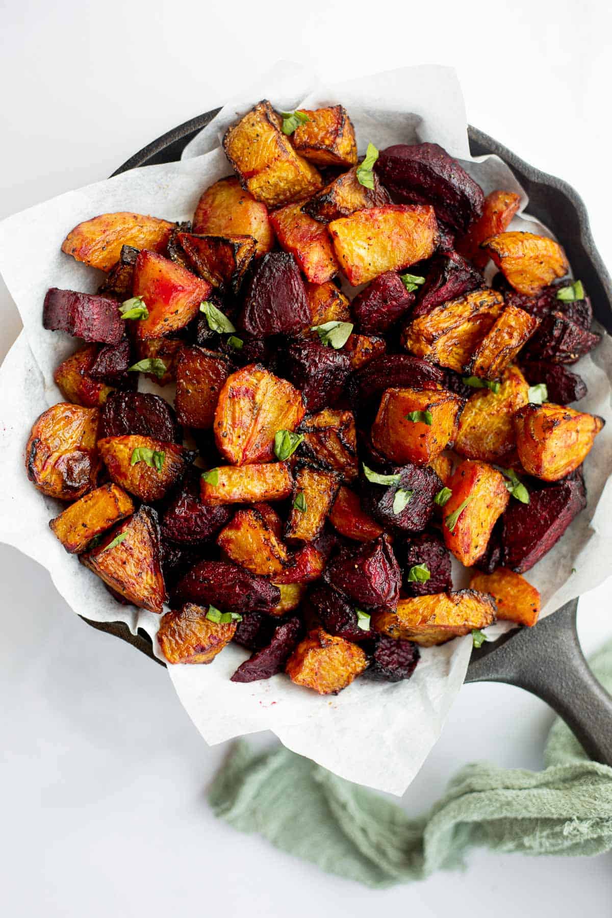 roasted beets in a cast iron pan.