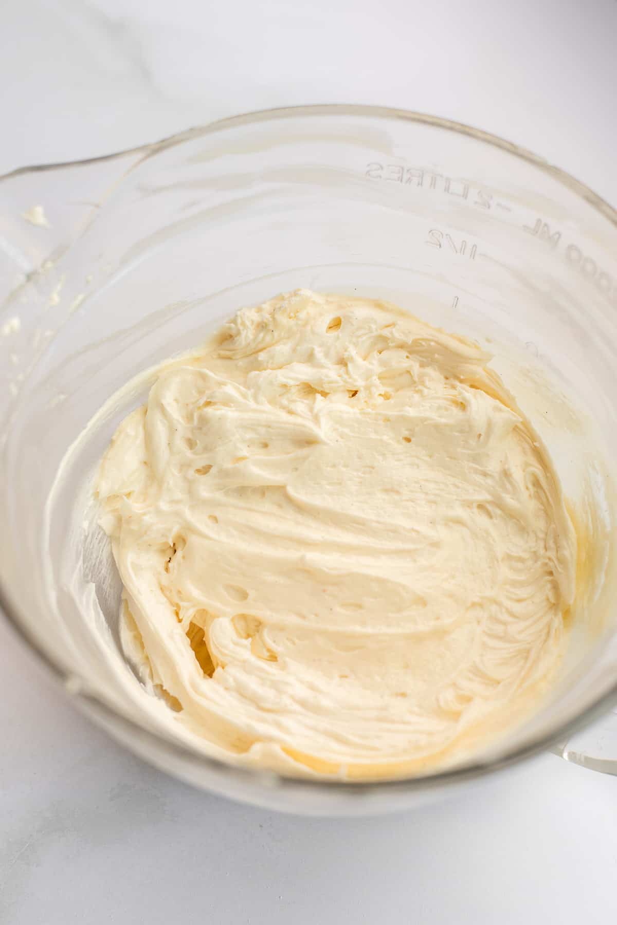 dairy free buttercream in a glass bowl.