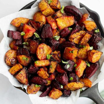 air fryer beets in a cast iron pan.