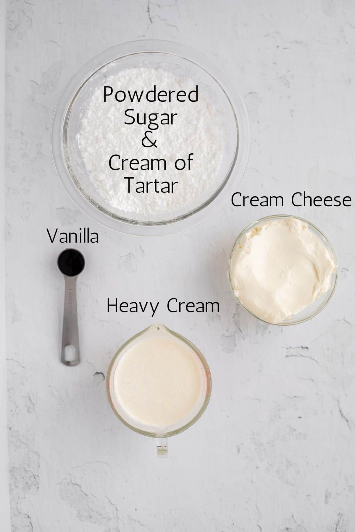 Cream Cheese Frosting Without Butter ingredients labeled with black text.