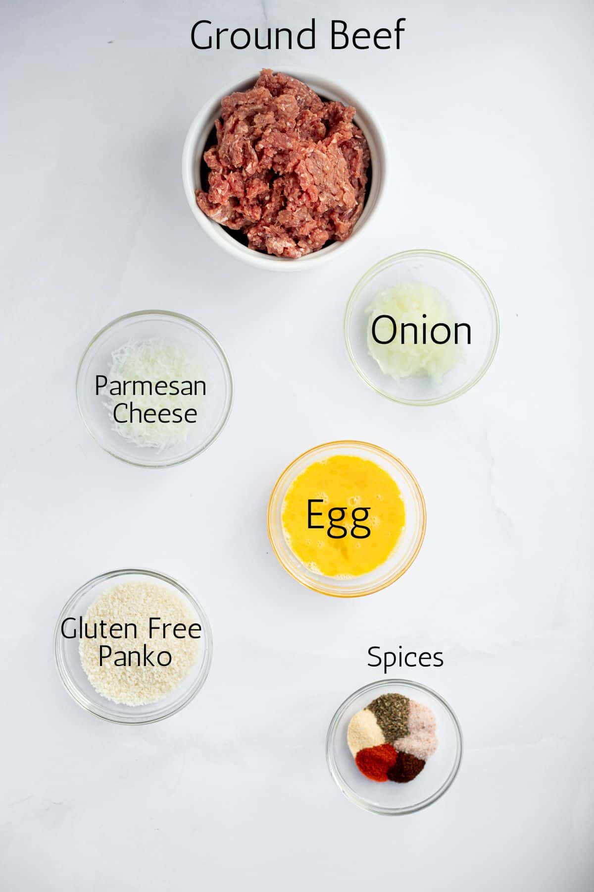 ingredients for gluten free meataballs labeled with black text.