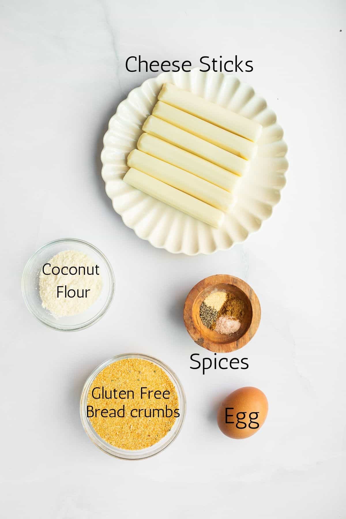 ingredients for gluten free mozzarella sticks labeled with black text.