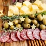salami, olive, cheese cubes, and fresh rosemary in a triangle shape.