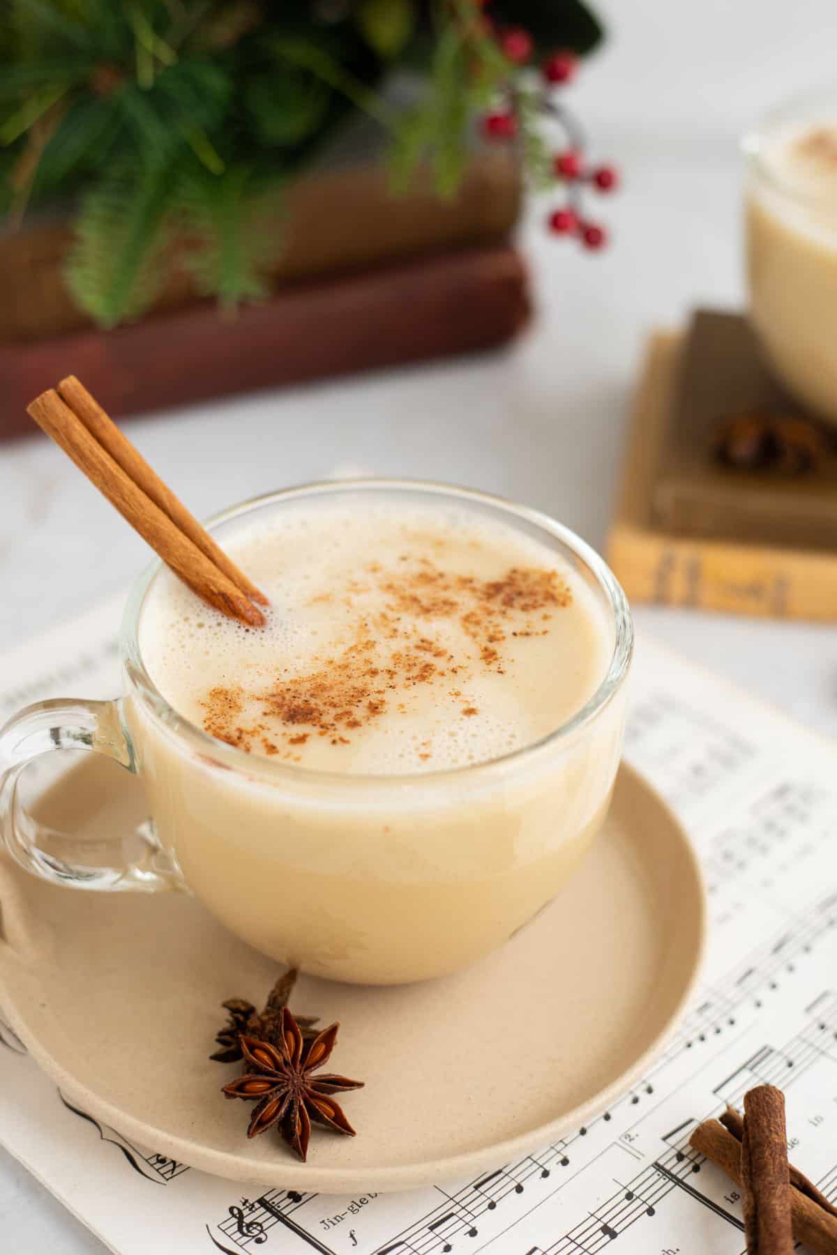 eggnog without milk in a mug with a cinnamon stick.