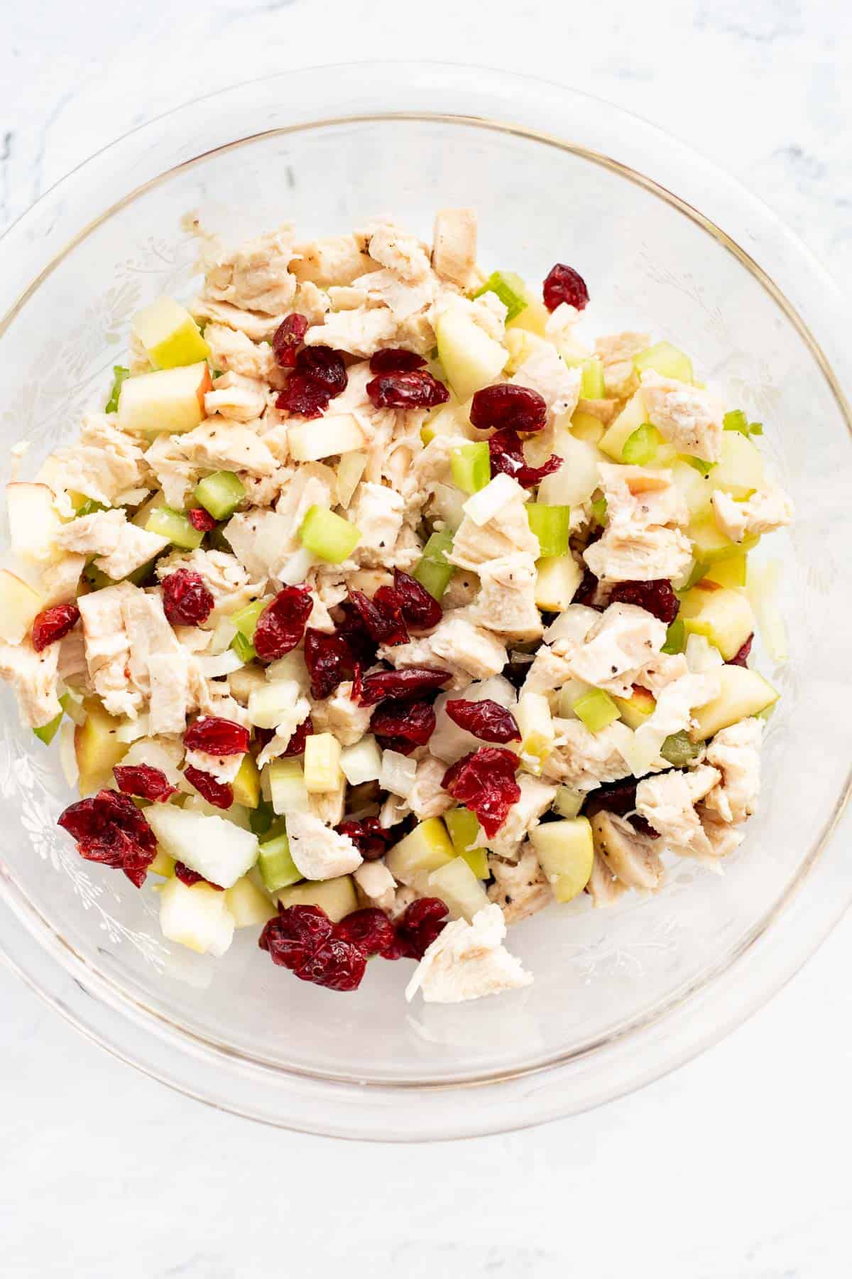 chicken breast, celery, onions, apples, and dried cranberries in a glass bowl.