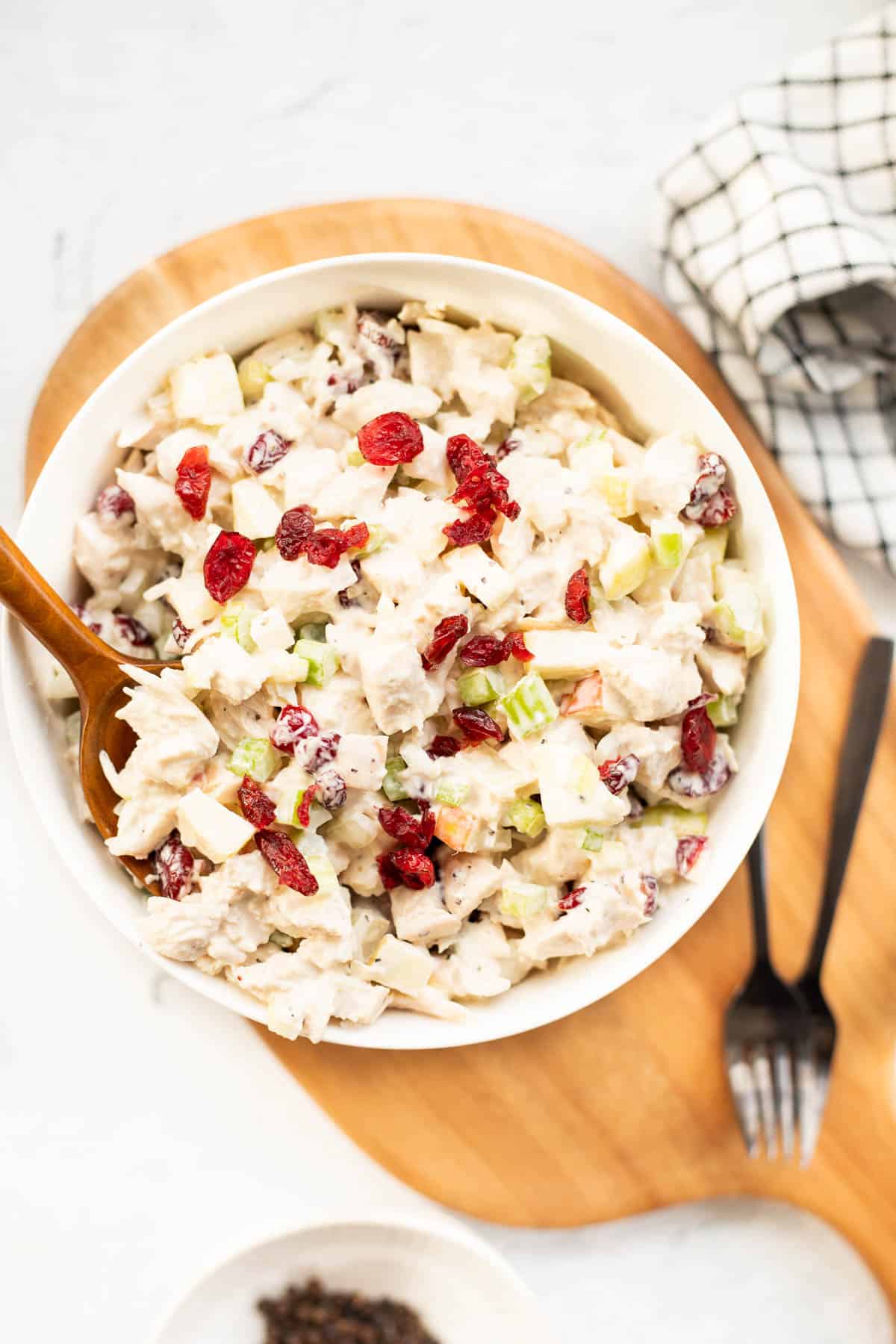over head view of cranberry chicken salad in a white bowl.