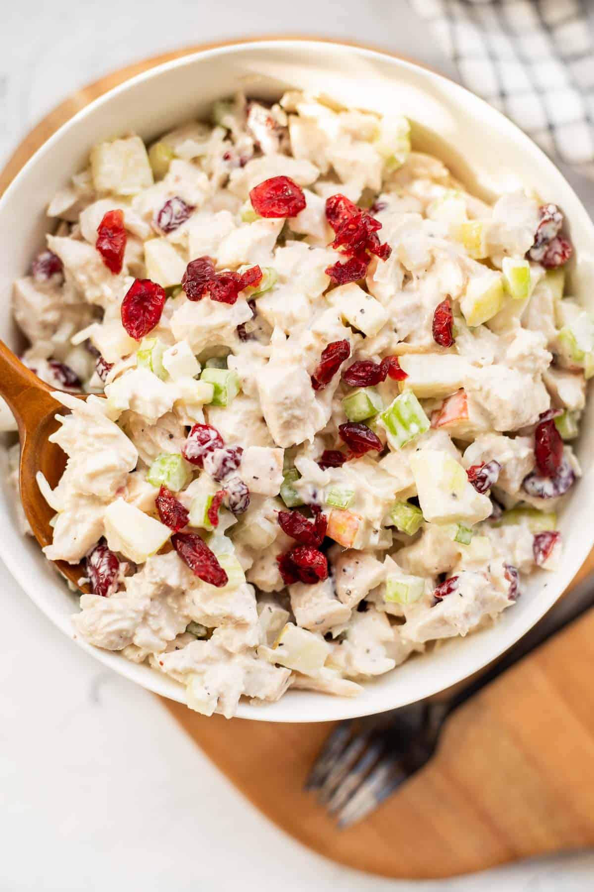 chicken salad with cranberries in a white bowl.