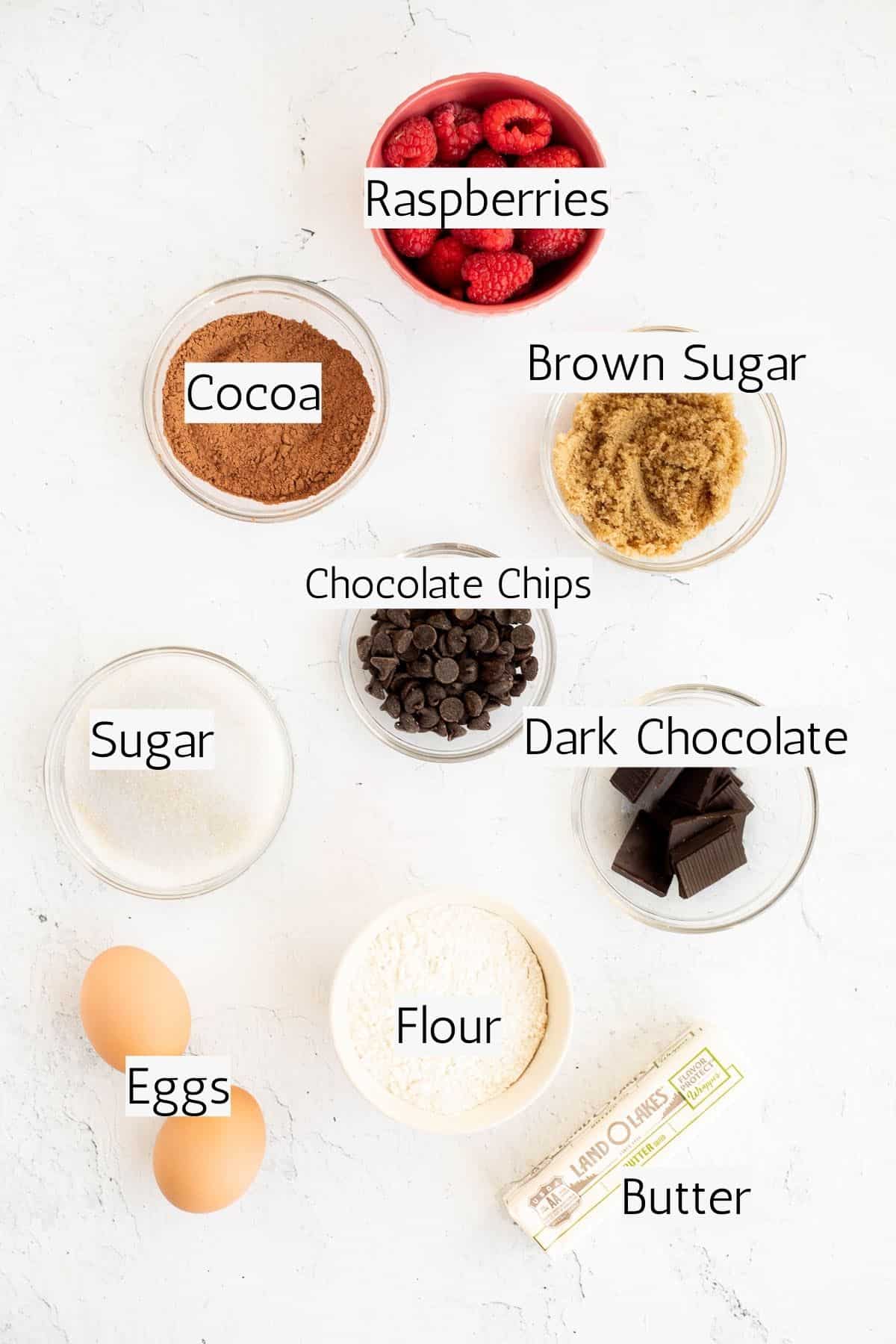 ingredients for raspberry brownies labeled with black text.