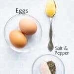 ingredients to make over hard eggs labeled with black text.