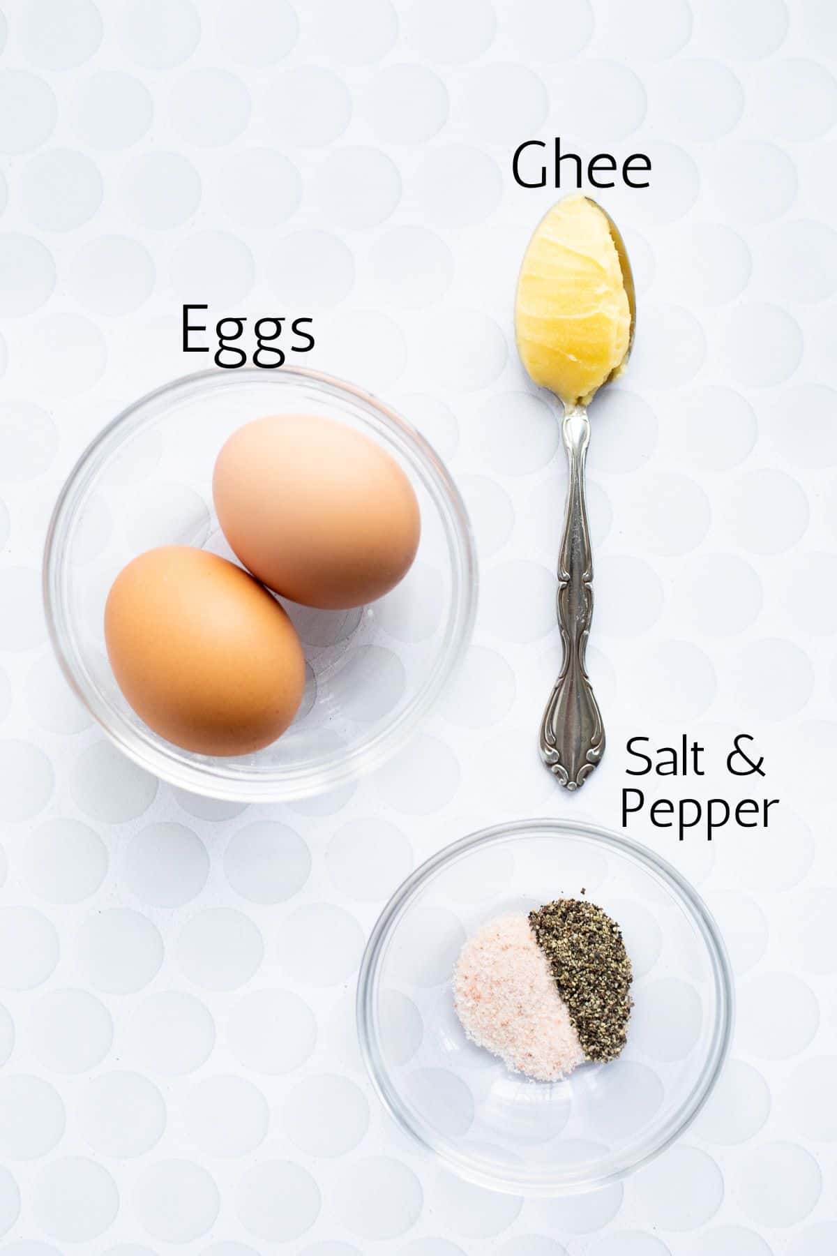 ingredients to make over hard eggs labeled with black text.