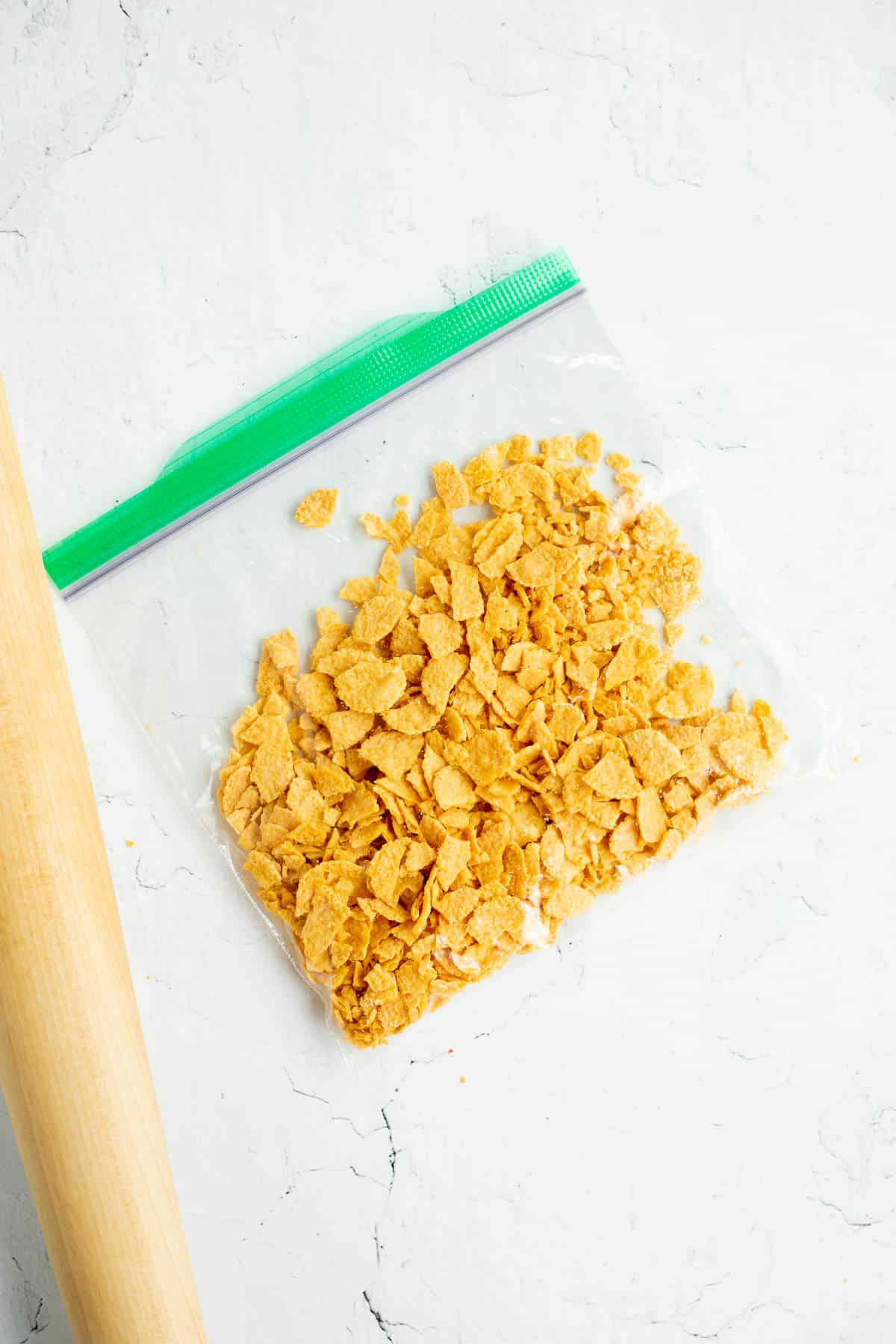 crushed corn flakes in a plastic bag.