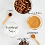 ingredients to make peanut butter pretzel bites labeled with black text.