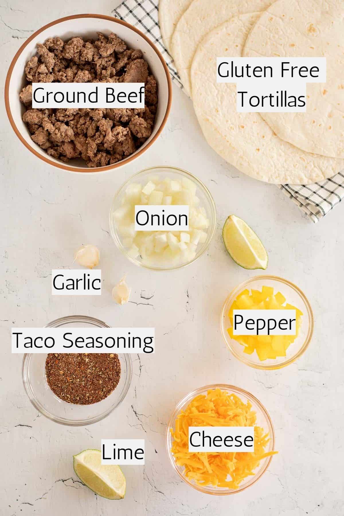 ingredients for taco quesadillas listed with black text.