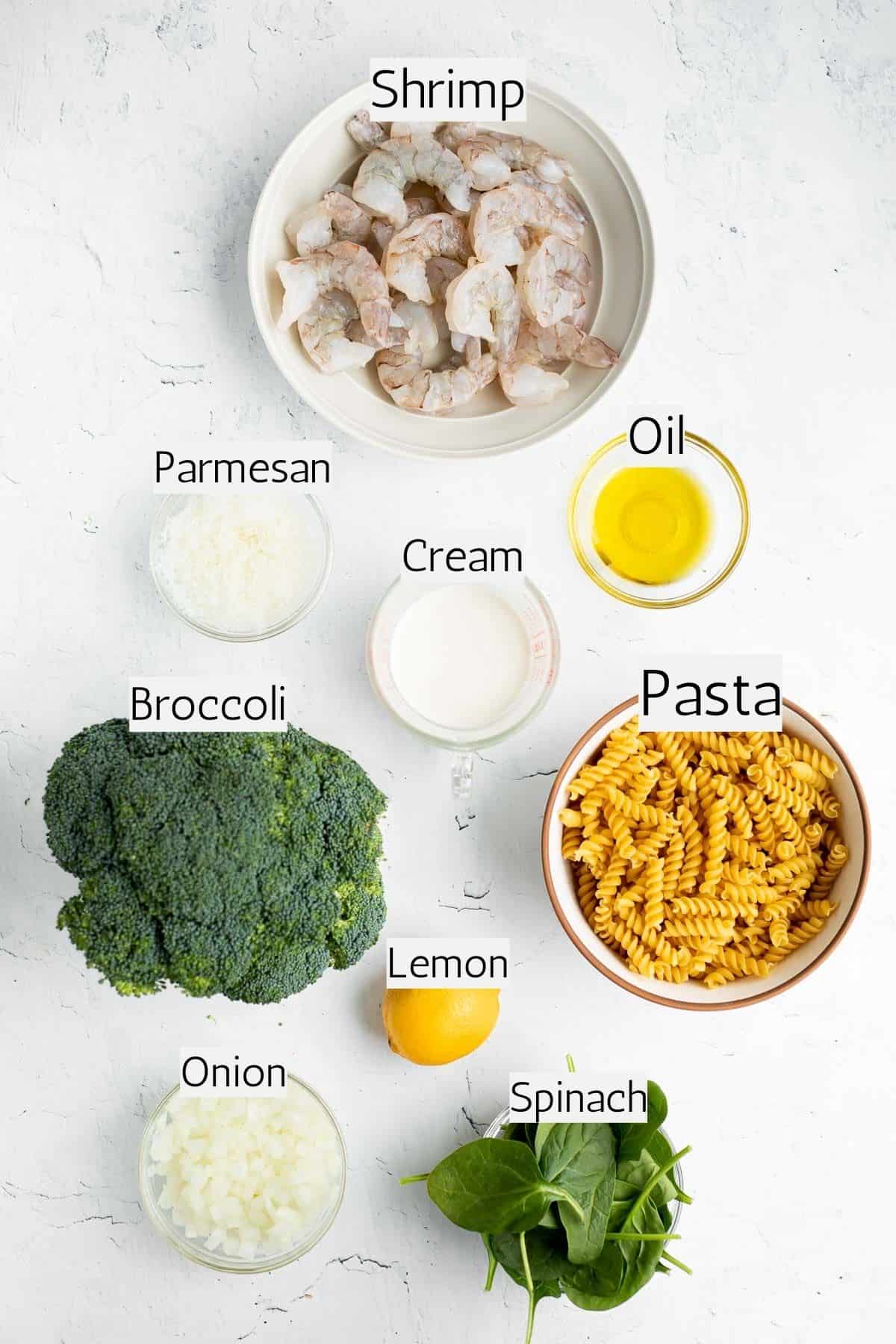 ingredients to make shrimp and broccoli pasta labeled with black text.