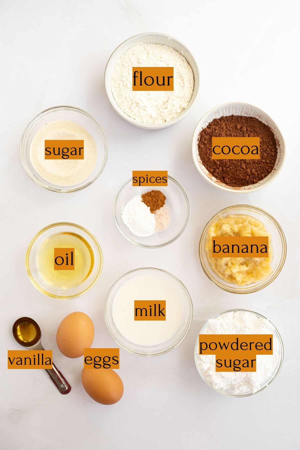 ingredients to make banana bread donuts labeled with orange and black text boxes.
