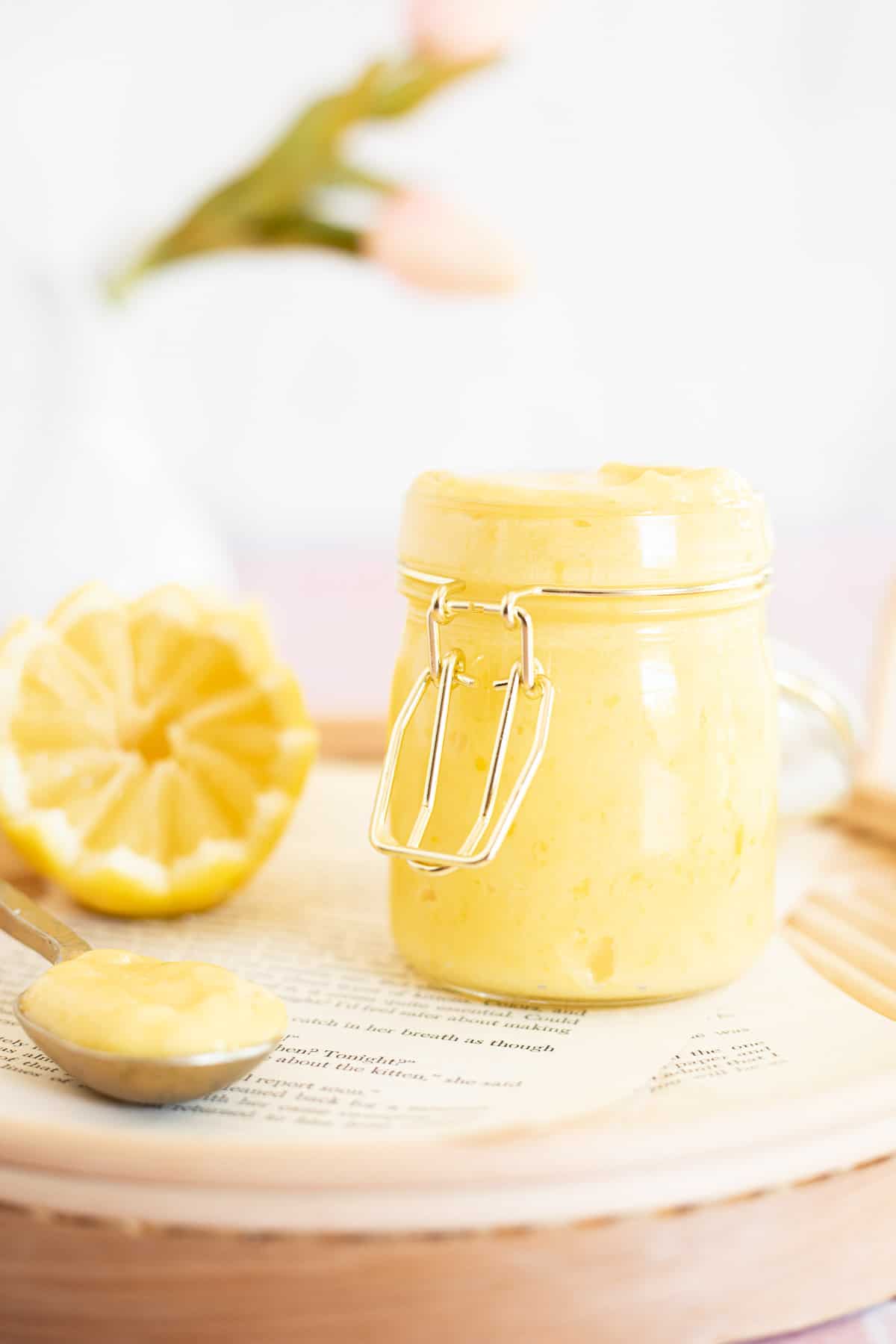 small batch of lemon curd in a glass jar.