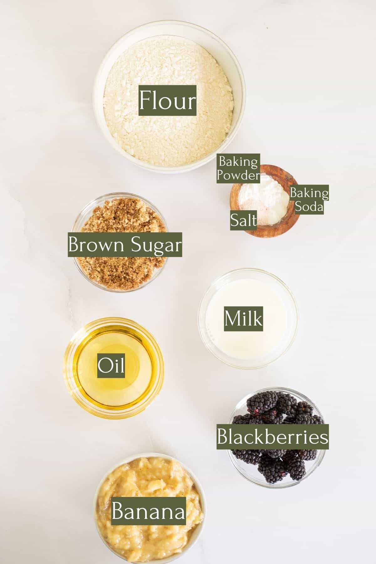 ingredients to make blackberry banana bread labeled with green text boxes.