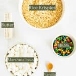 ingredients to make rice krispie treats with mini M&Ms.