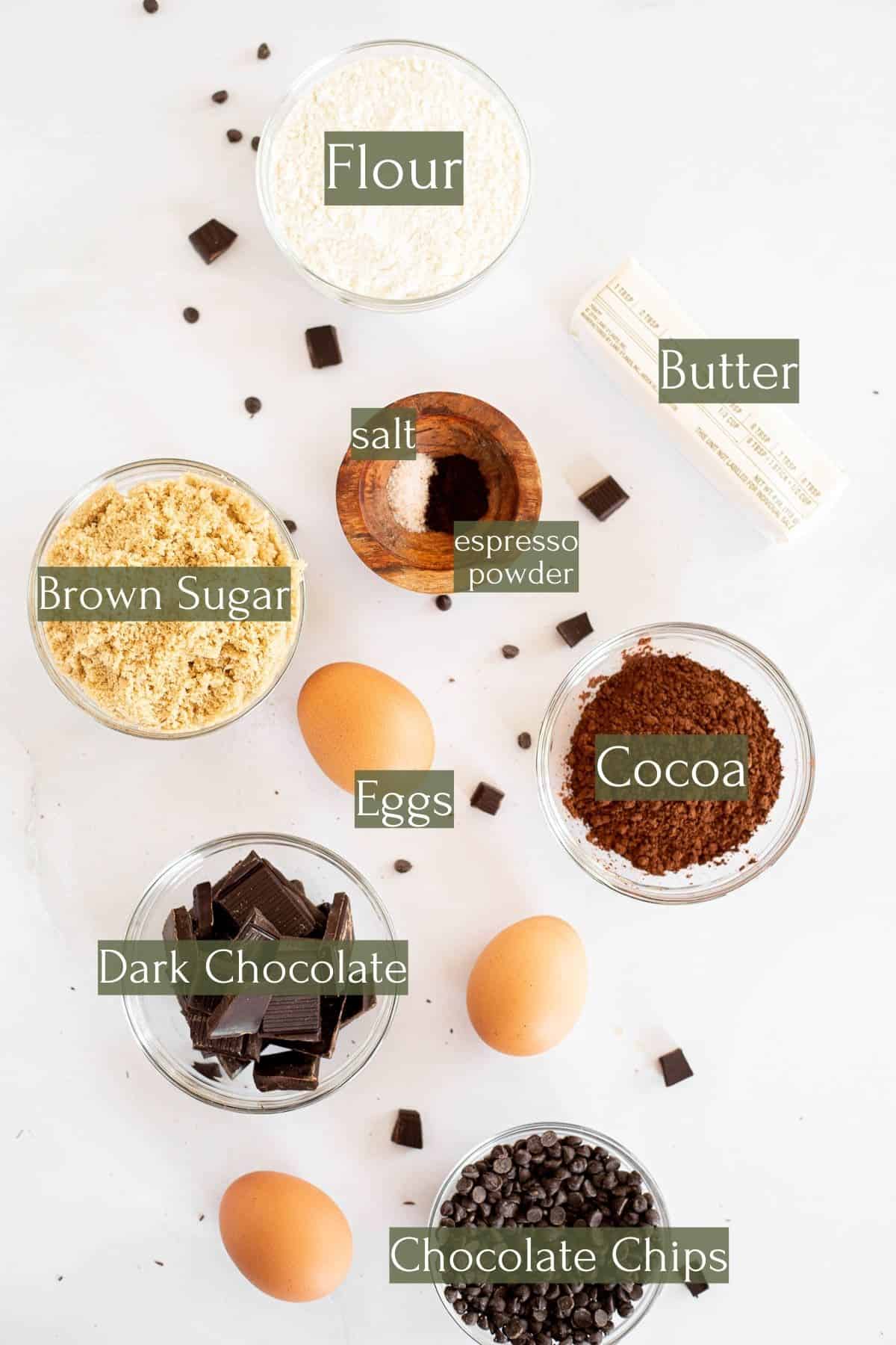 ingredients to make brownies labeled with green text boxes.