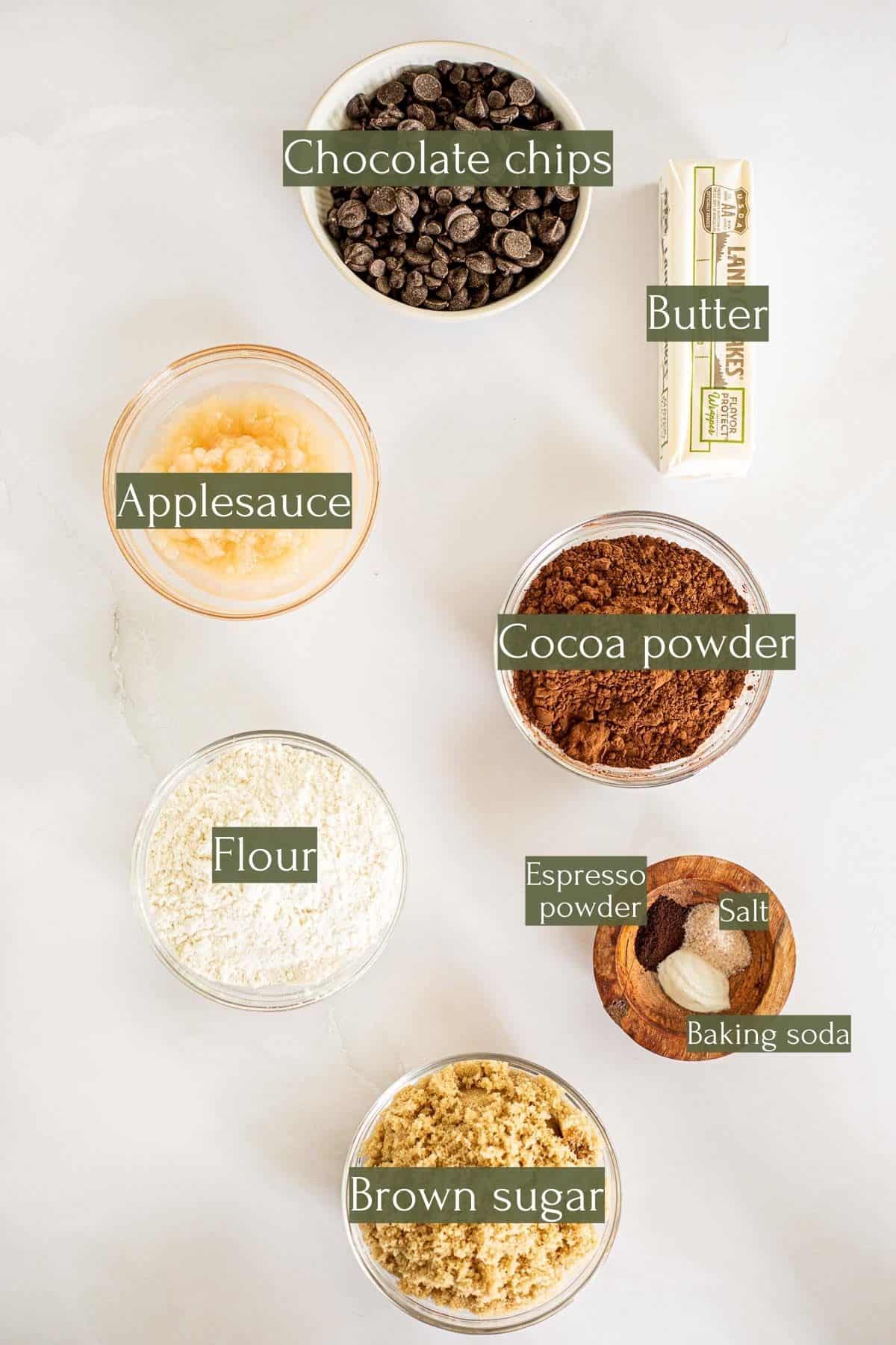 ingredients to make chocolate cookies without eggs labeled with green text boxes.