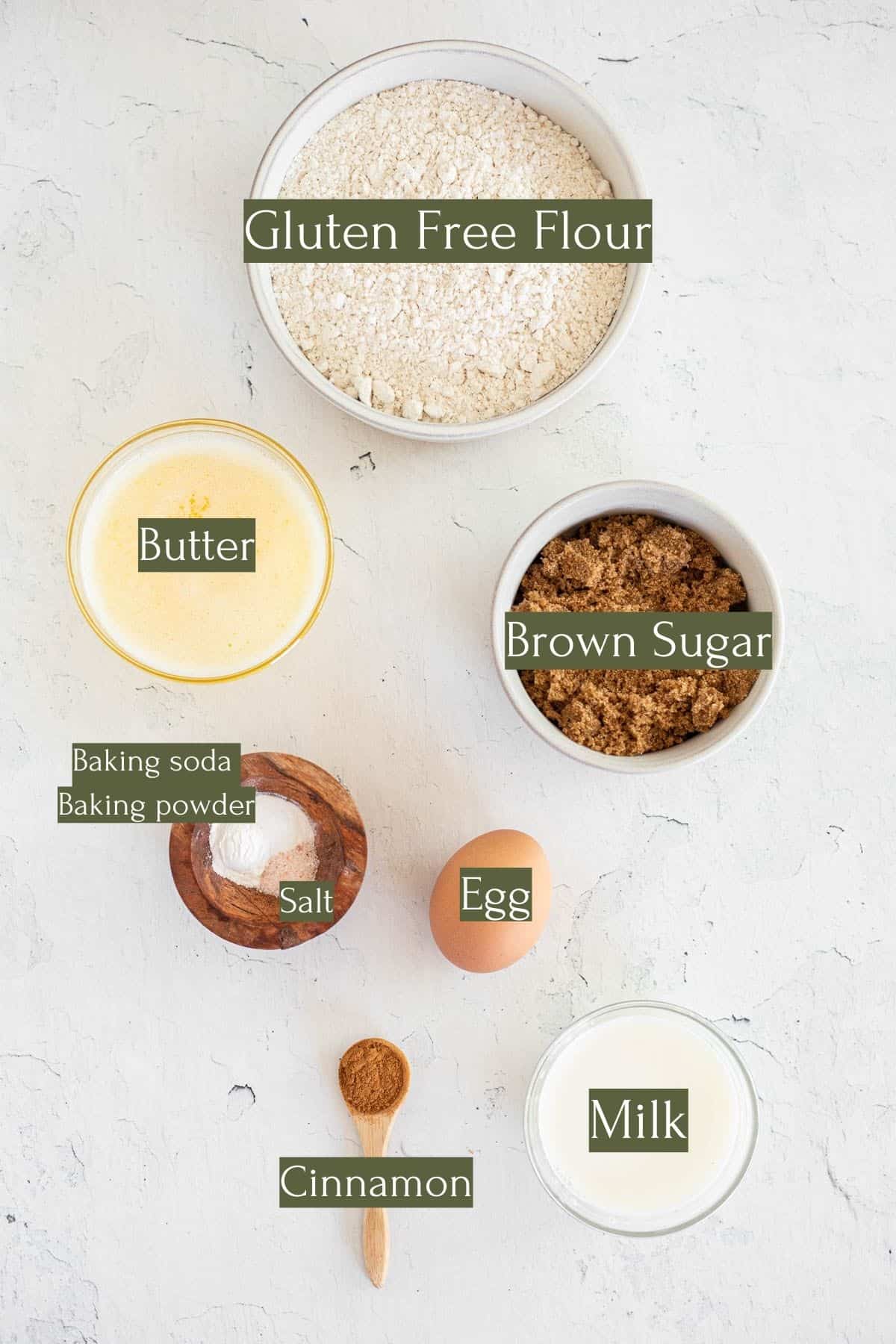 ingredients to make a mini coffee cake labeled with green text boxes.