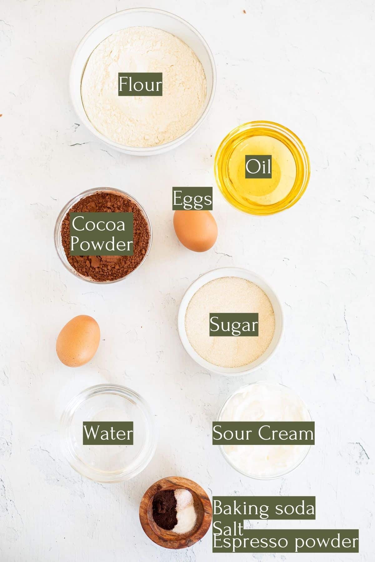ingredients to make a fudgy chocolate layer cake.
