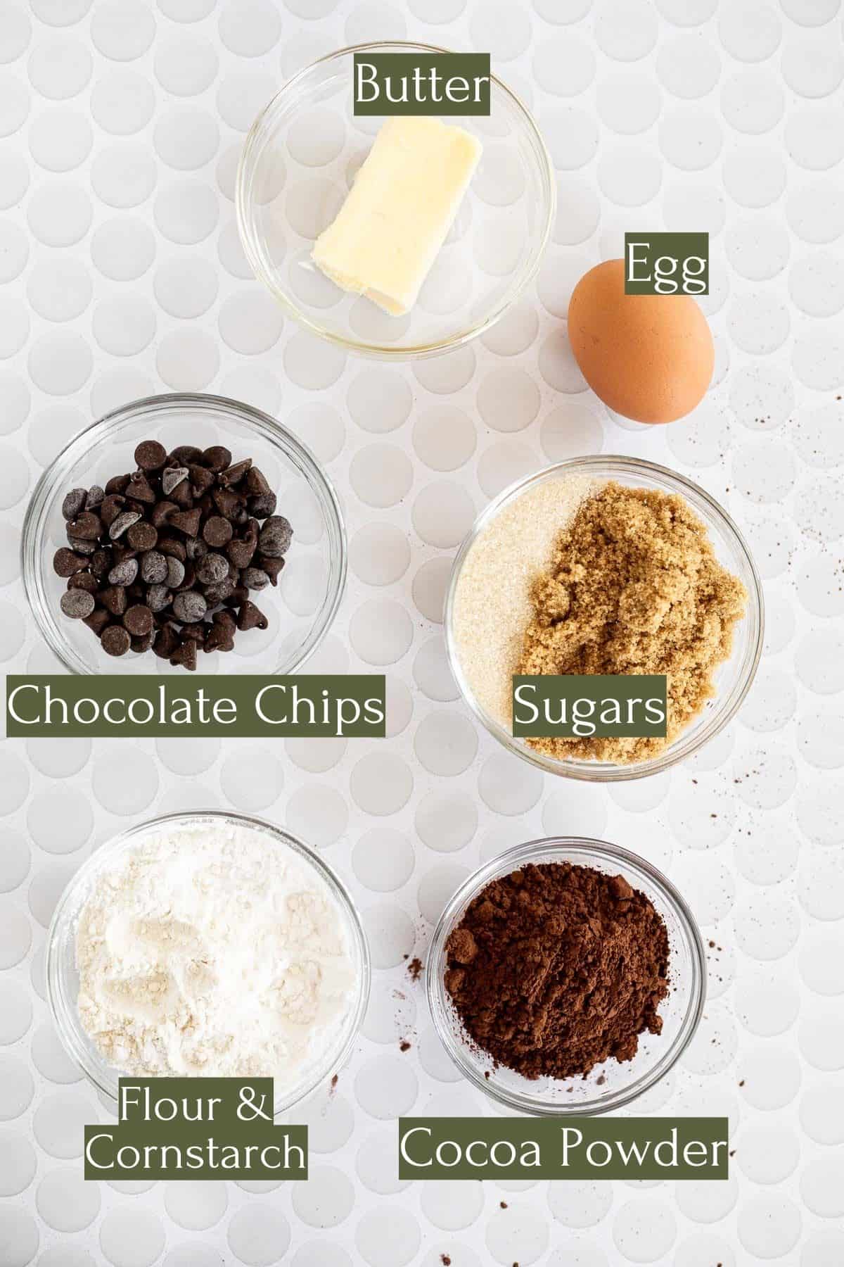 ingredients to make small batch brownies labeled with green text boxes.