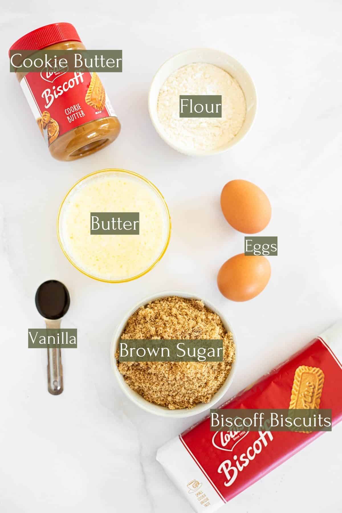 ingredients to make biscoff blondies labeled with green text boxes.