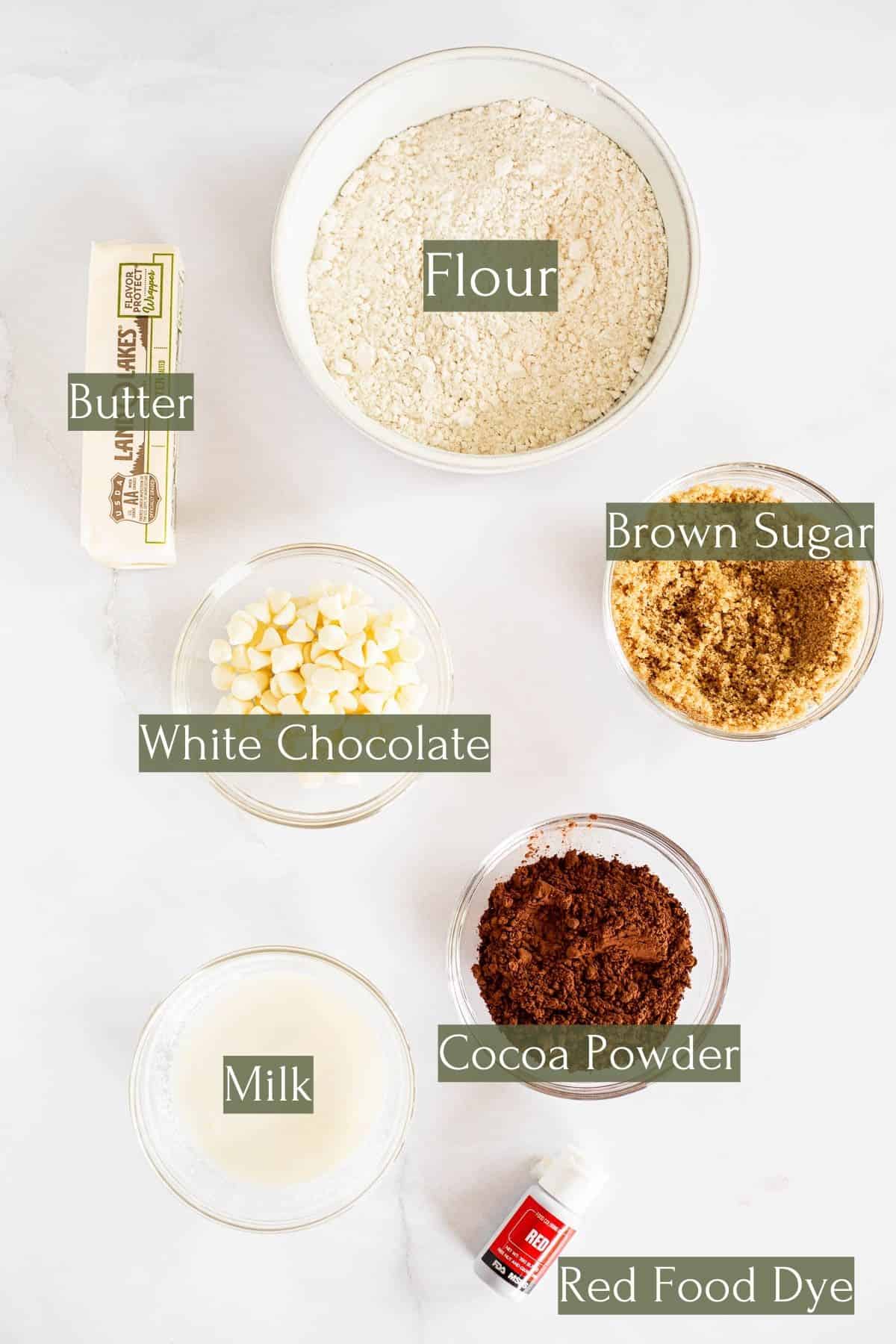 ingredients to make red velvet cookie dough labeled with green text boxes.
