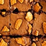 macro shot of biscoff brownies cut into squares.