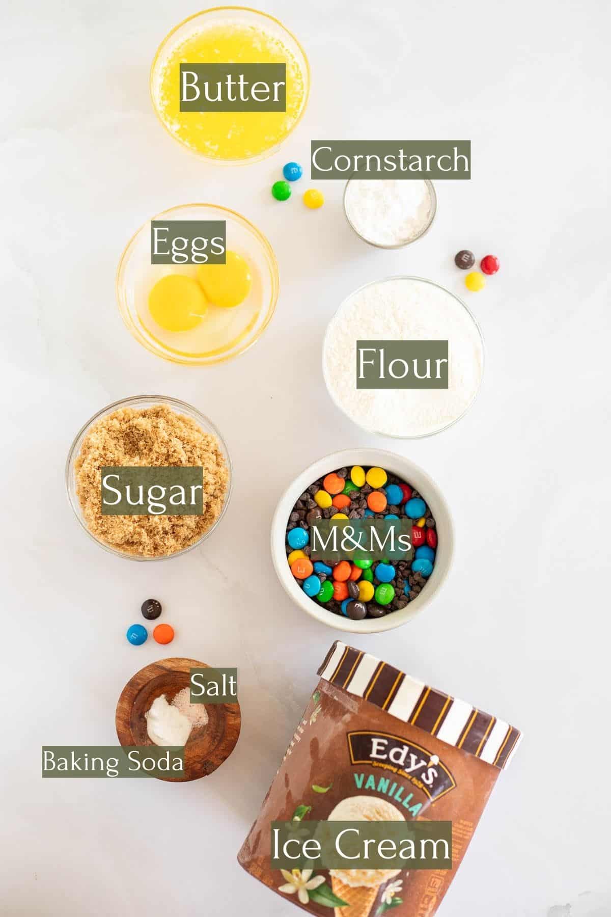 ingredients to make M&M ice cream sandwiches labeled with green text boxes.