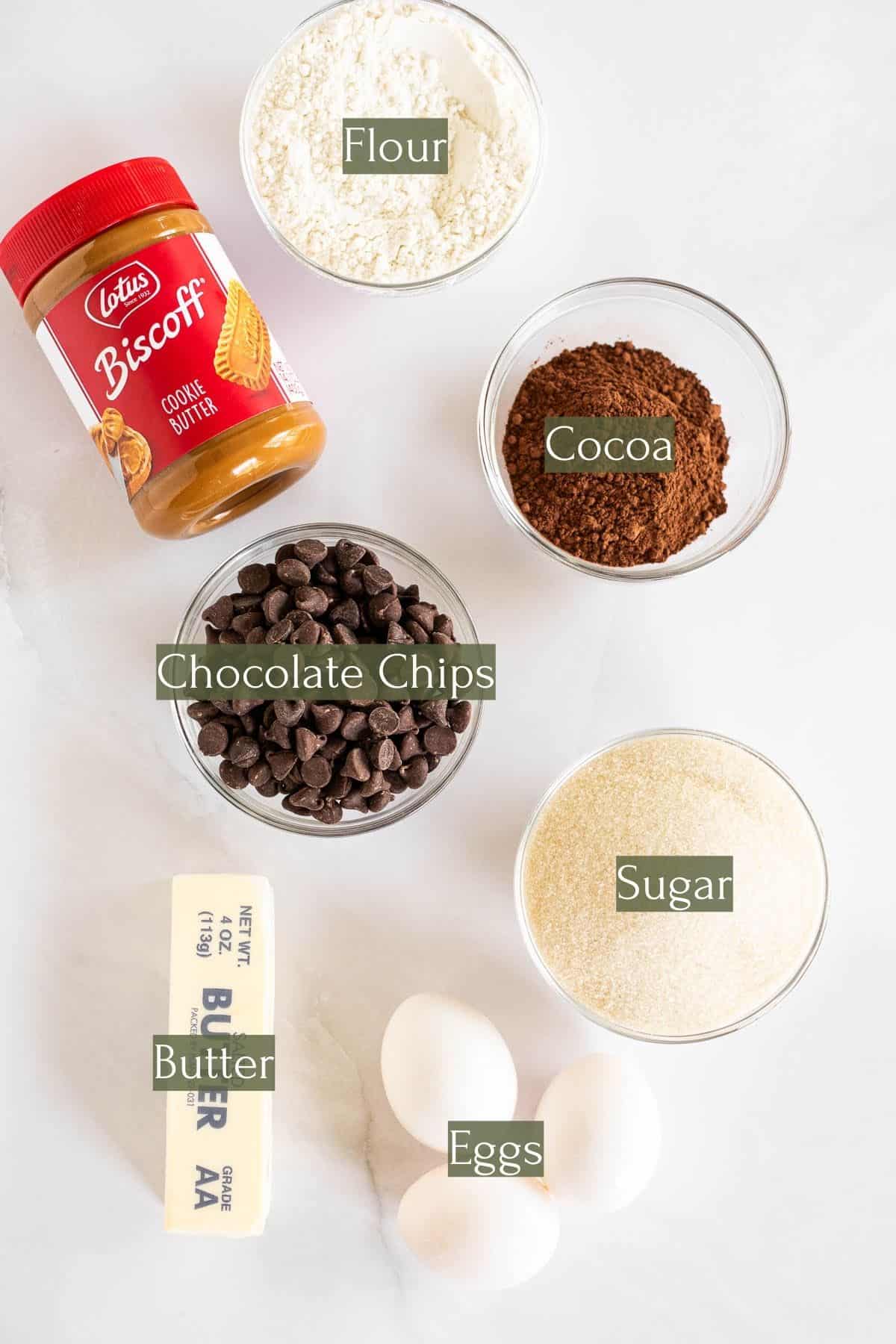 ingredients to make biscoff brownies labeled with green text boxes.