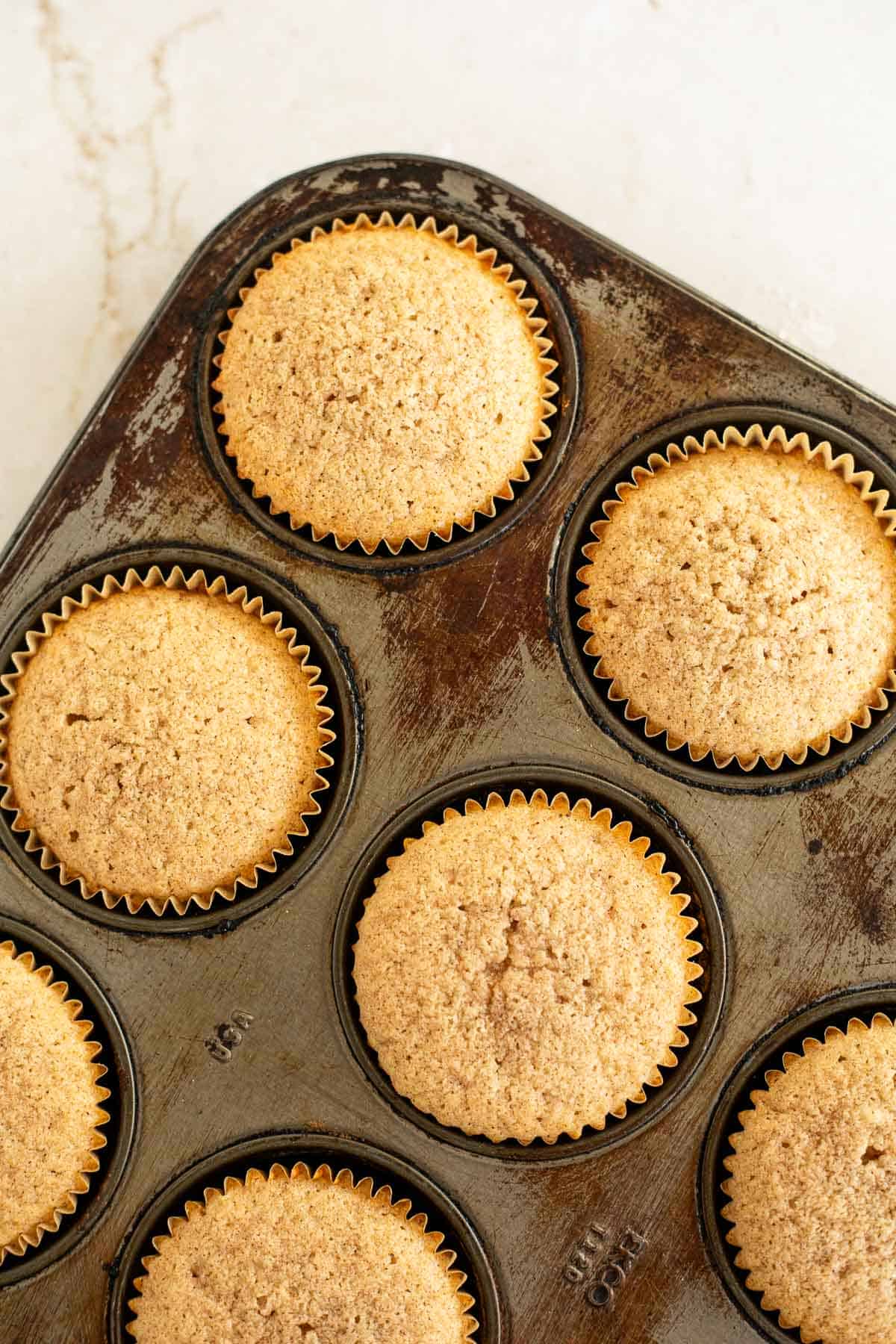 baked cookie butter cupcakes in a cupcake pan.