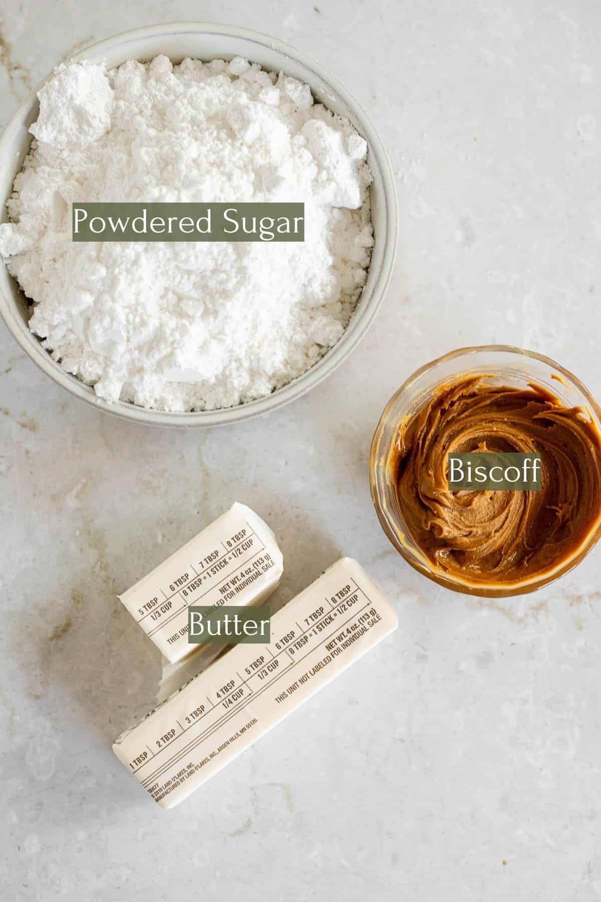 ingredients to make cookie butter frosting labeled with green text.