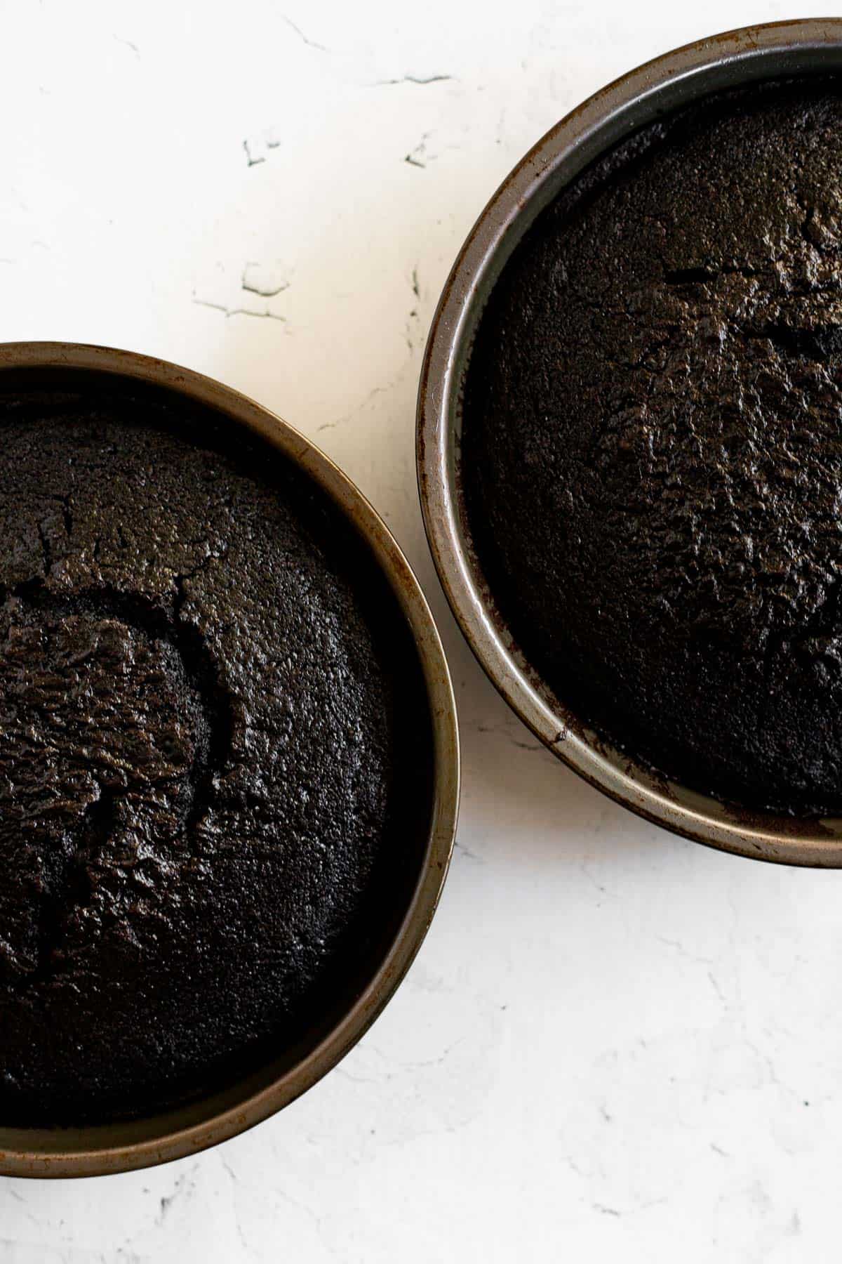 black velvet cakes baked in 8 inch round pans.