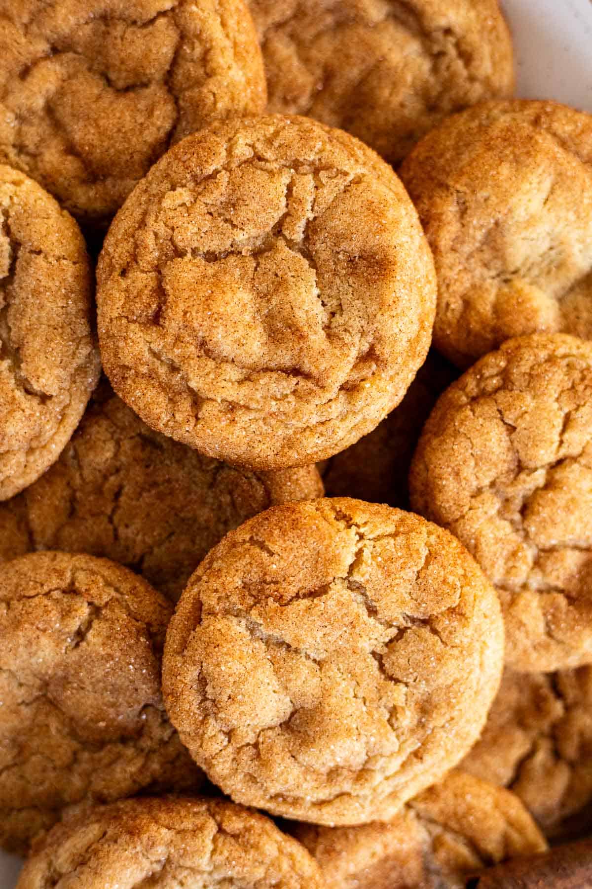 close up image of brown butter snickerdoodles.