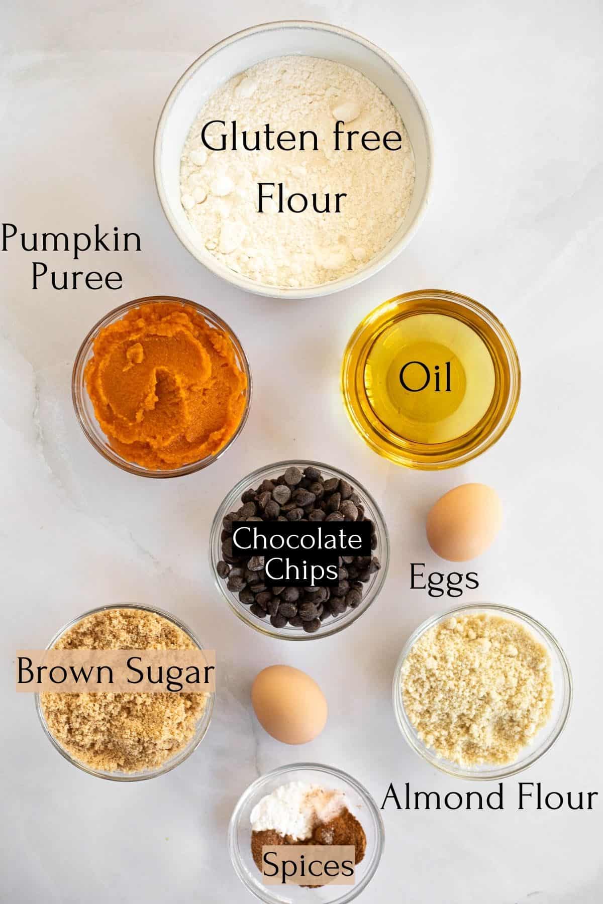ingredients to make Gluten Free Pumpkin Chocolate Chip Bread labeled with black text.