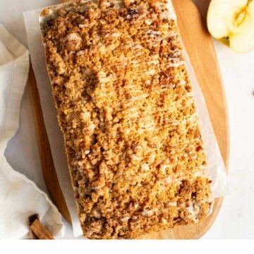 overhead photo of apple pie banana bread with streusel.