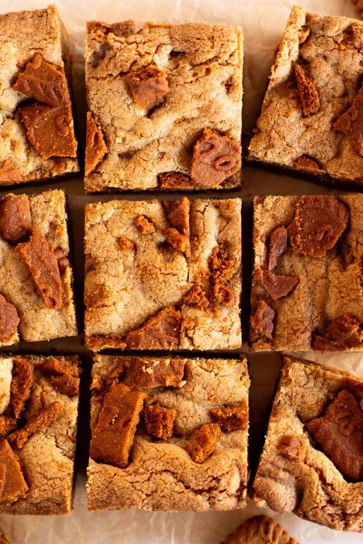 overhead photo of biscoff cookie bars cut into squares.