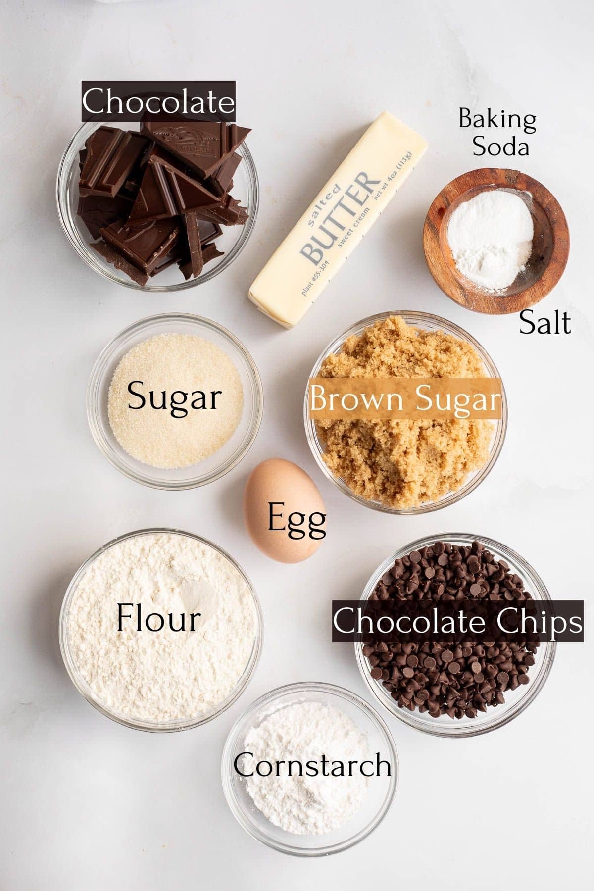 ingredients to make chocolate filled cookies labeled with black text.