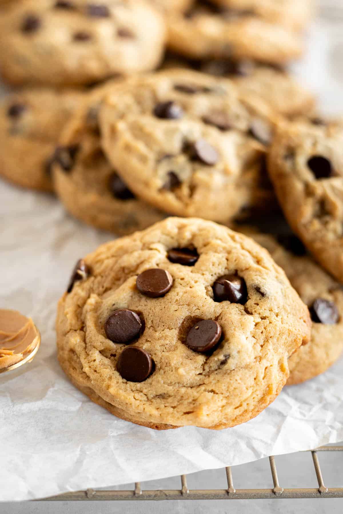 Peanut Butter Sour Cream Cookies on parchment paper with chocolate chips.