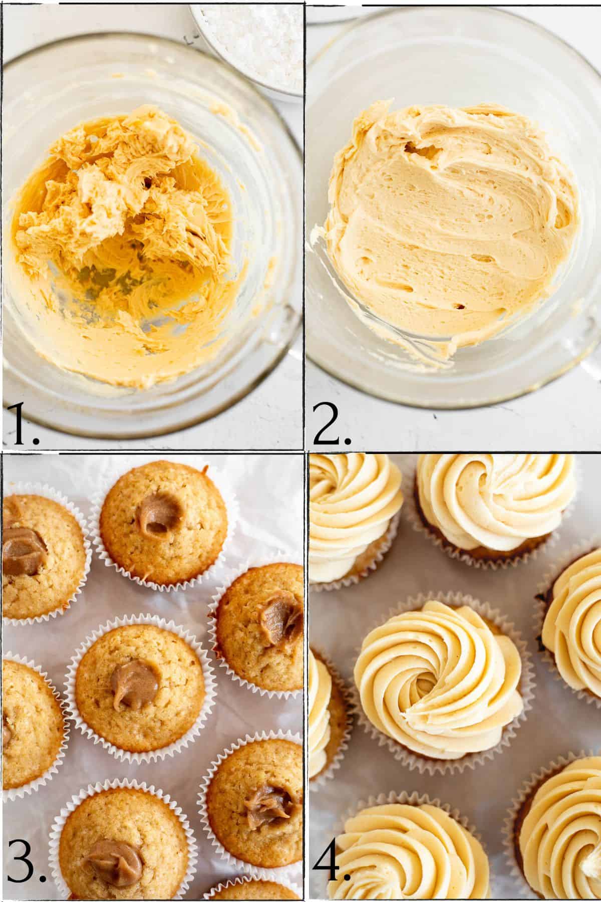four photos showing how to fill and frost cupcakes with caramel buttercream.