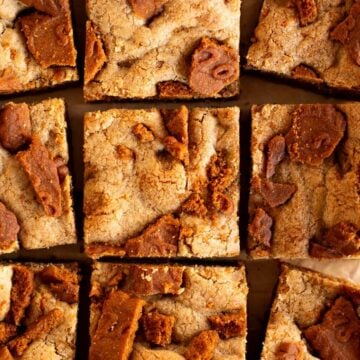 overhead photo of biscoff cookie bars cut into squares.