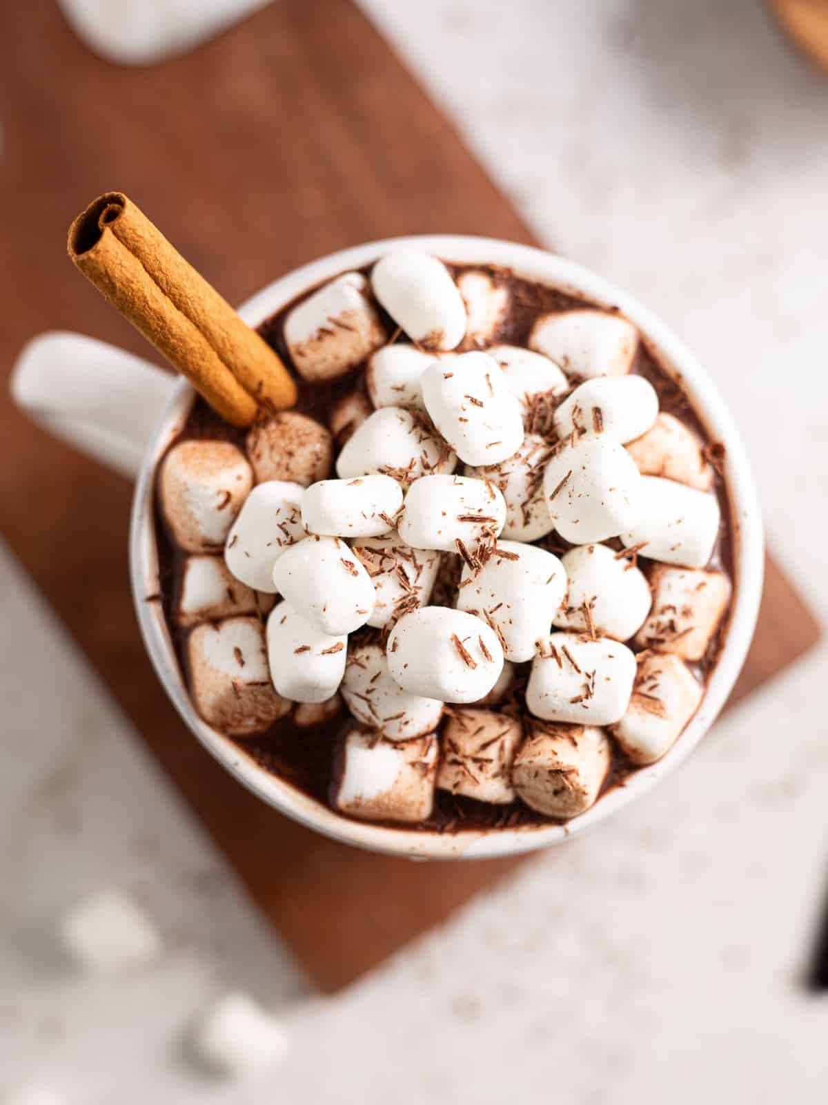 overhead photo of bone broth hot chocolate with marshmallows.