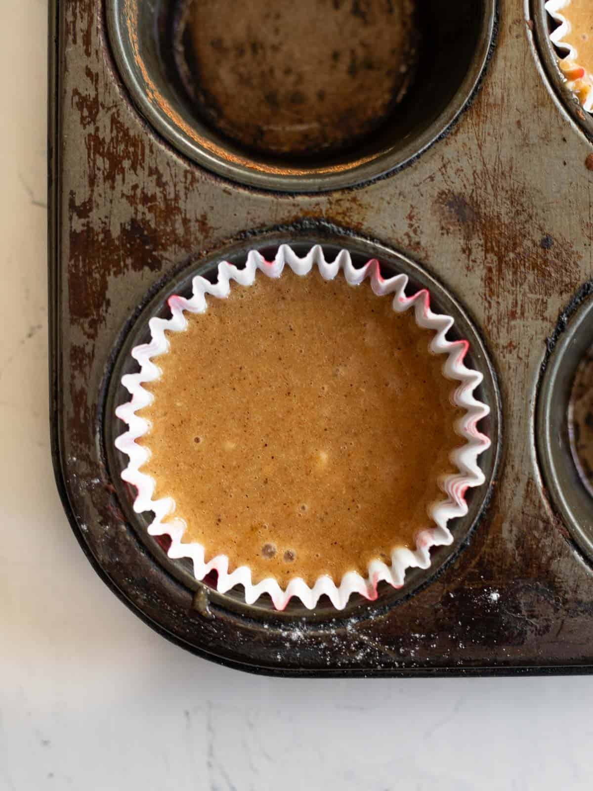 Gluten Free Gingerbread Cupcake batter in paper liners.