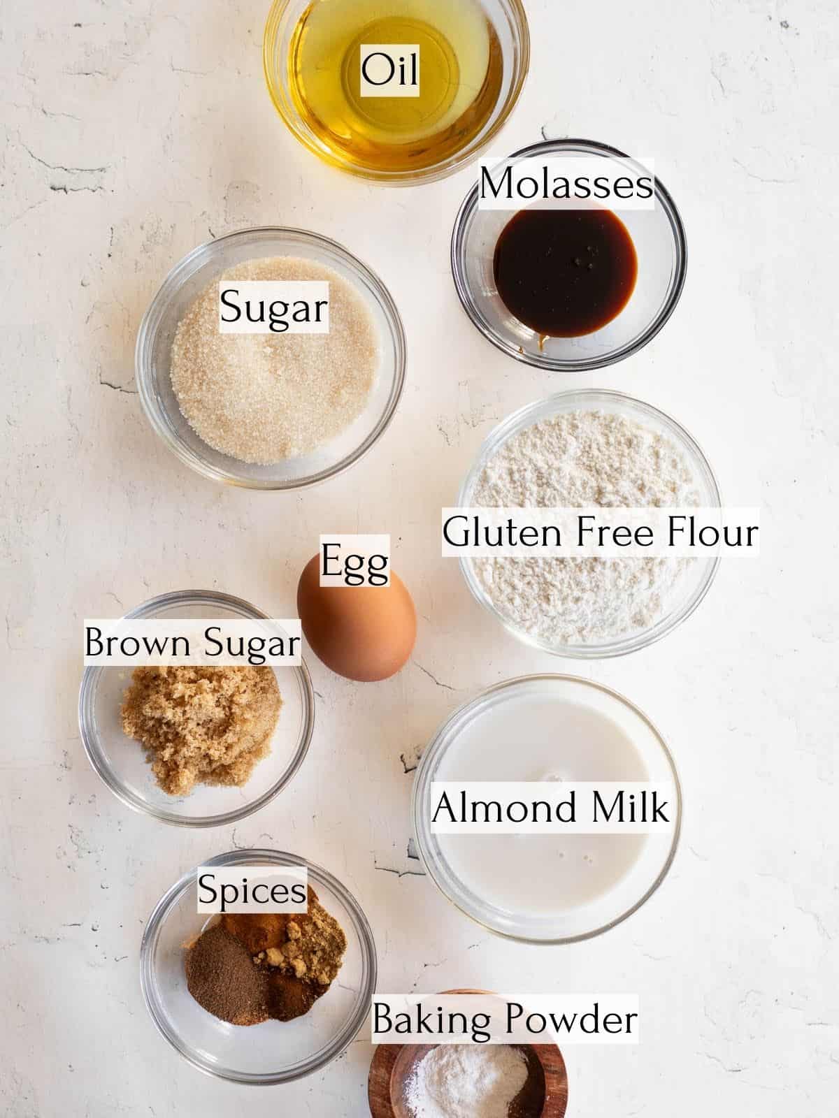 ingredients to make Gluten Free Gingerbread Cupcakes labeled with white text boxes.